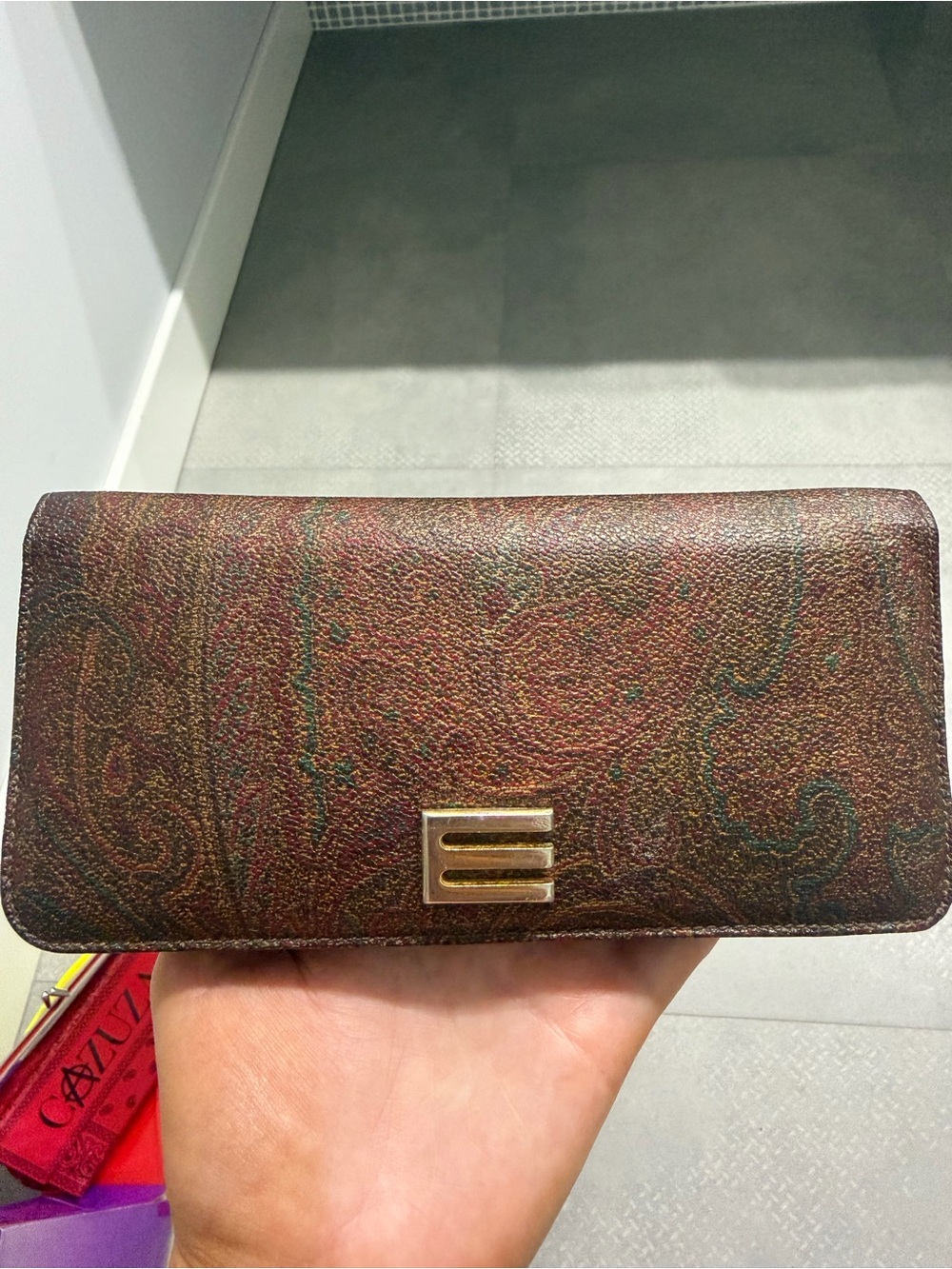 Etro Brown Paisley Leather Long Card Holder with Gold Emblem